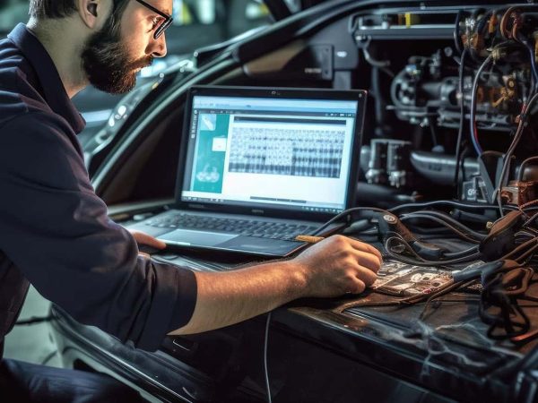 Un bărbat care lucrează la un laptop în fața unei mașini într-un service auto.